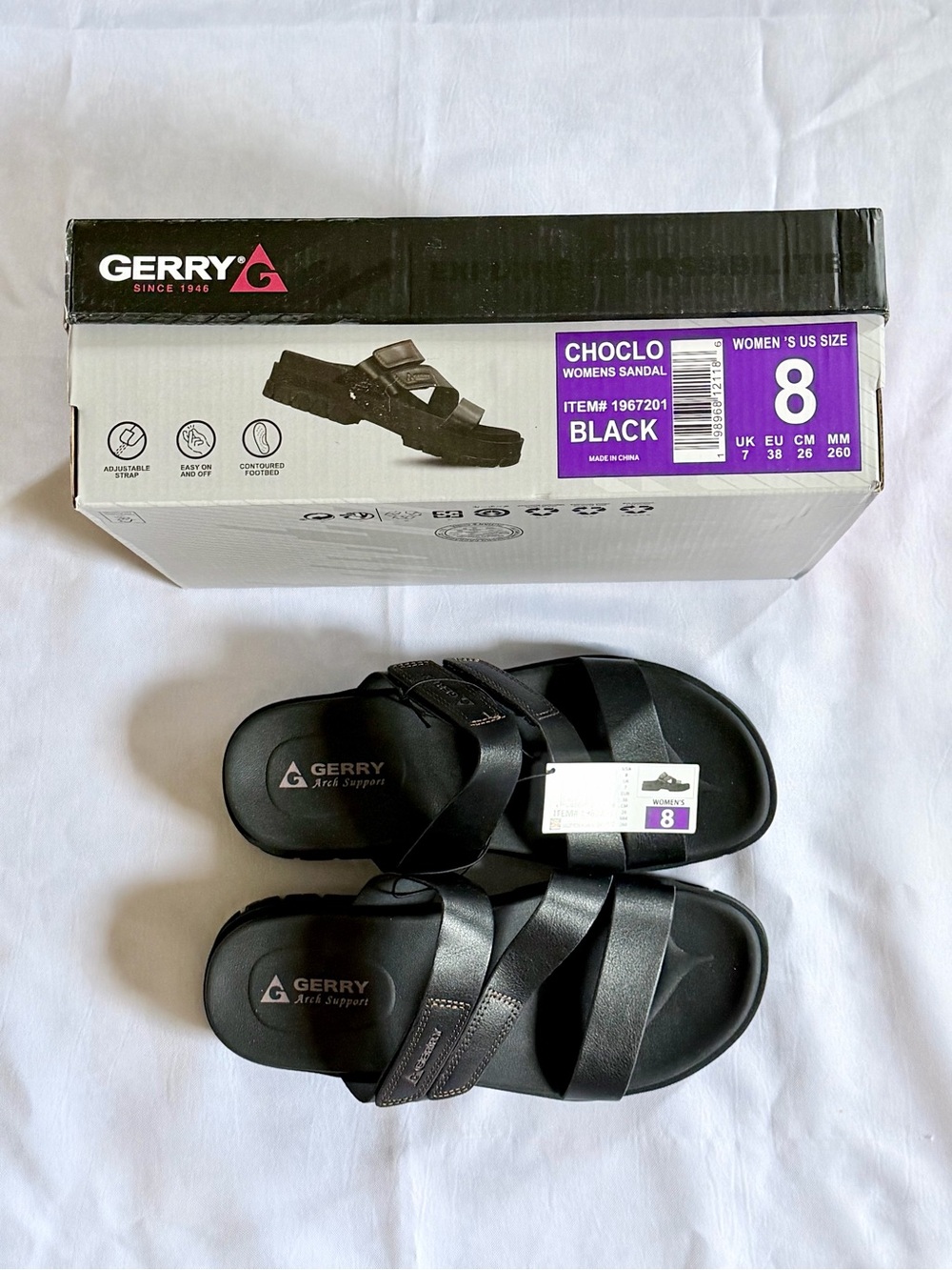 Gerry Sandal Slides Women Sz 8 Arch Support Black Hook Loop Close Choclo 1967201
